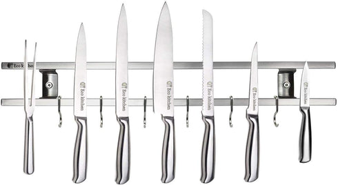 Magnetic Knife Holder for Wall - Metal Knife Magnetic Strip 18 Inch - Stainless Steel Knife Magnet Bar Rack With Hooks - Kitchen Utensil Holder and Knife Storage Holder