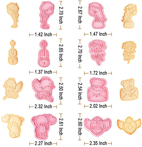 Lovely 3d Valentine's Day Cookie Cutters Set, Angel Heart, Red Rose, Romantic Violin, Couple in Love, Love Letter, Cute Bear, Cupid Arrow for Valentine Party Baking Gift (Pack of 16)