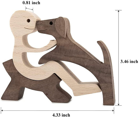 Handmade Wood Decor Sculptures, Sitting Man and Dog Statue, Carved Creative Home Office Gift Decoration Natural ECO Friendly