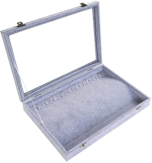 Glass lid 20 Hooks Necklace Organizer Box,Necklace Tray with Lid,Necklace Jewelry Box,Chains Showcase Storage Boxes for Show Stackable (Ice Velvet)