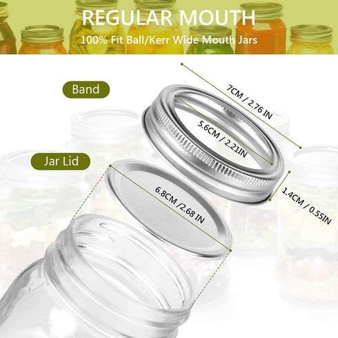 Regular Mouth Canning Lids and Rings - Gusoul 50 Count Mason Jar Lids & Rings/Bands Set for Regular Mouth Canning, Split-Type & Leak Proof Lids with Silicone Seals for Ball, Kerr Jars (70 mm, Sliver)