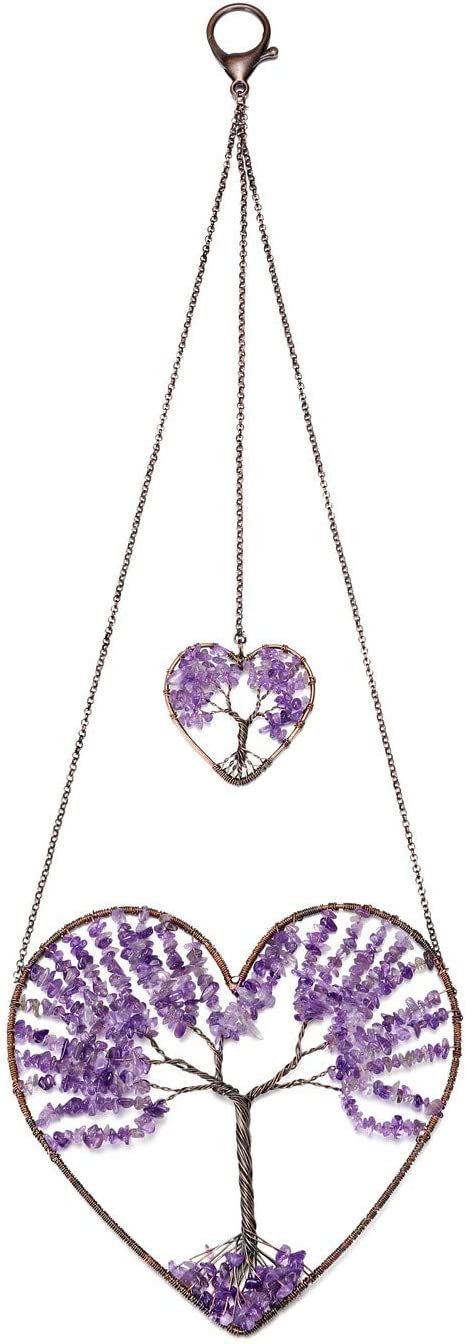 PESOENTH Amethyst Heart Tree of Life Dream Catcher Hanging Ornament Bohemian Purple Double Hearts Tree of Life Wall Art Window Car Hanging Decorations for Home Bedroom Decor