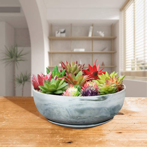 G EPGardening 8in Marble Pattern Large Round Succulent Planter Pot Modern Flower Pot Indoor and Outdoor Planter with Marble Tray