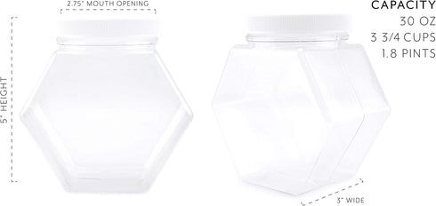 Cornucopia Plastic Hexagon Shaped Jars (4-Pack, 30oz); Value-Pack of Containers for Candy, Snacks, Gifts and Storage, 2 1/2 Cup Capacity, 5 x 5 x 3 Inches Size
