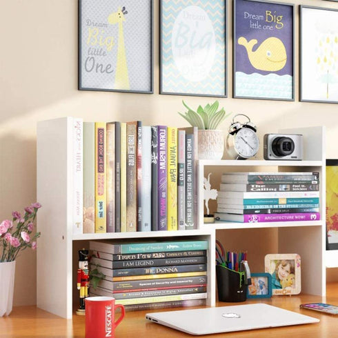 LC love_call Desk Bookshelves Multi-function Office Desktop Storage Rack, Telescopic Design Black and White used for Home Desktop Storage Wood Adjustable(white), (30-58)cm*35cm*17cm.