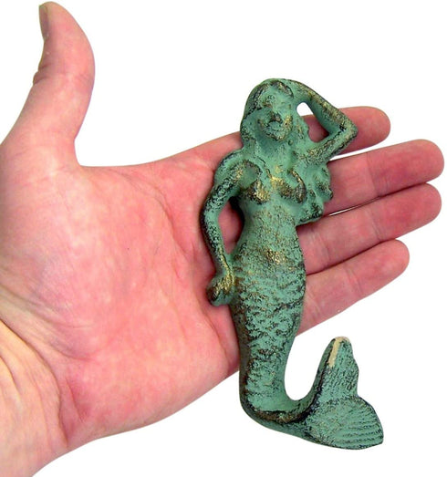 Rustic White, Brown and Teal Cast Iron Mermaid Wall Hooks, Set of 3, 5 3/4 Inch