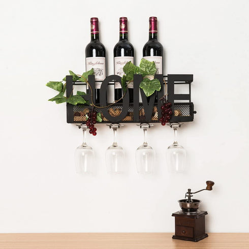 Wall Mounted Metal Wine Rack 4 Long Stem Glass Holder & Wine Cork Storage by Soduku