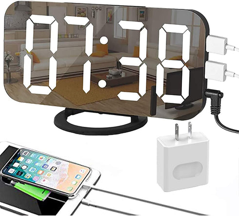 EVILTO Modern Alarm Clock with USB Charger Ports Digital Mirror Alarm Clock Best Decorative for Table Bedroom Wall LED Time Clock Unique Square Alarm Clocks Plug in Clock with Charging Plug