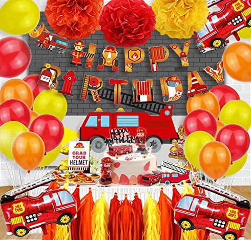 Fire Truck Party Supplies - Fireman Happy Birthday Banner, Paper Pom Pom Tissue Tassels, Firefighter Birthday Balloon
