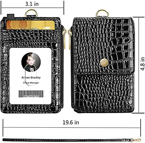 ELV Badge Holder with Zipper, PU Leather ID Badge Card Holder Wallet with 5 Card Slots, 1 Side RFID Blocking Pocket and 20 inch Neck Lanyard Strap for Offices ID, School ID, Driver Licence