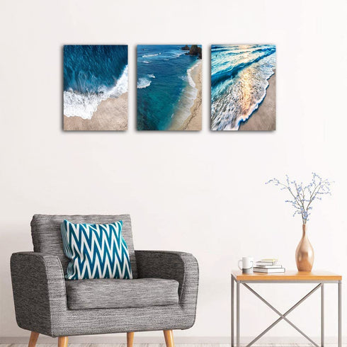 Seascape Wall Art Blue Ocean Canvas Print Sea View Theme Sunset Beach Nature Scenery Pictures with Frame for Living Room Bathroom Bedroom Decoration