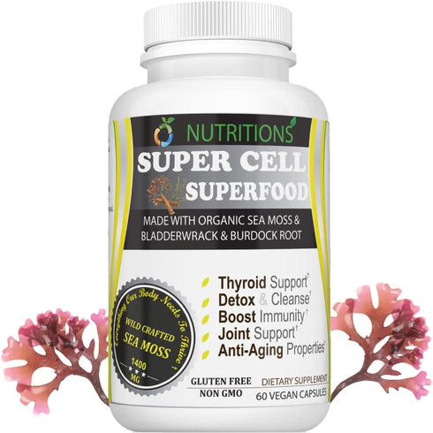O NUTRITIONS Certified Organic Sea Moss, Super Cell Superfood Made with Organic Irish Sea Moss, Bladderwrack and Burdock Root, Wildcrafted Sea Moss Capsules, Vegan Seamoss Pill (Super Cell Superfood)