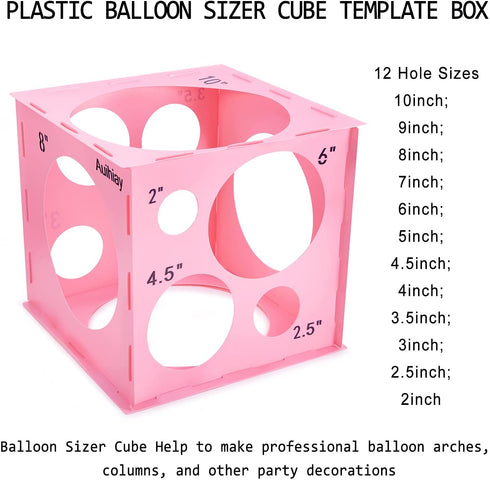 Auihiay 12 Holes Plastic Balloon Sizer Box Cube, Pink Collapsible Balloon Size Measurement Tool for Balloon Arches, Balloon Towers, Balloon Columns and Balloon Decorations (2-10 Inch)