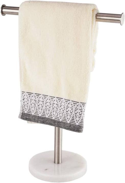Hand Towel Holder with Heavy Marble Base, T-Shape Towel Rack, Modern Tree Rack Free Standing for Bathroom Vanity Countertop, 304 Stainless Steel, Brushed Finished (Silver)