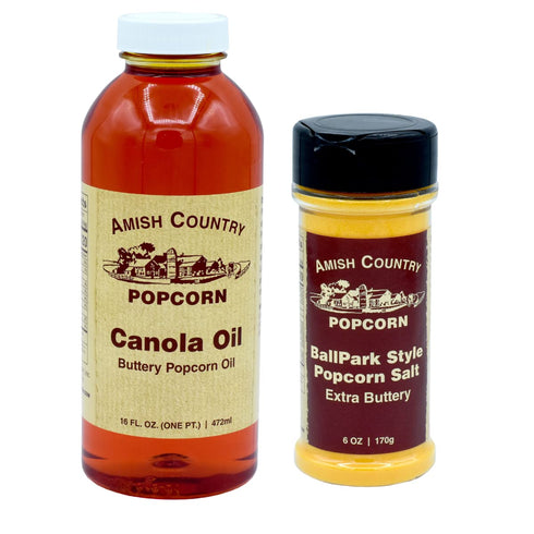 Amish Country Popcorn | Oil and Seasoning Variety Pack | Canola Oil - 16 oz and Ballpark ButterSalt Popcorn Salt - 6 oz