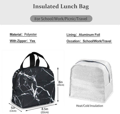 antspuent Marble Black Lunch Bag for Women Girls Kids Insulated Picnic Pouch Thermal Cooler Tote Bento Large Meal Prep Cute Bag Big Leakproof Soft Bags for Lunch Box, Camping, Travel, Fishing