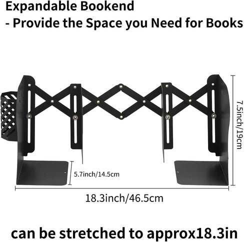 MSDADA Adjustable Bookends, Book Ends for Heavy Books, Expandable Book Organizer with Pen Holder for Desk, Shelf, Office, for 6 7 8 9-15 Boys and Girls, Extends up to 19 inches (Black)