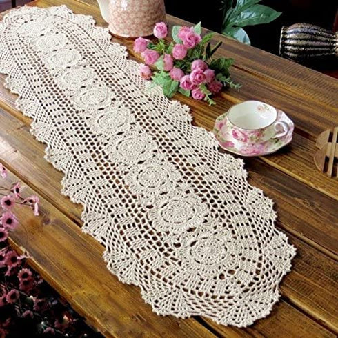 Damanni Oval Cotton Handmade Crochet Lace Table Runner Doilies Table Dresser Scarf Décor,12 Inch by 51 Inch?Beige