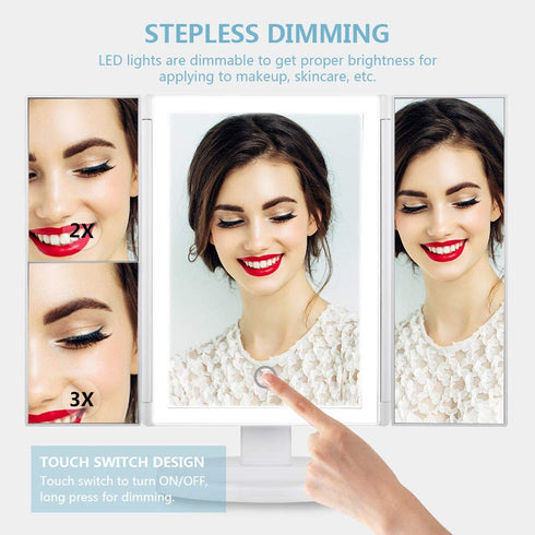 Makeup Mirror with Lights Vanity Mirror with Lights 37 LED Lighted Makeup Mirror Trifold Mirror 1X 2X 3X Magnification Touch Screen Switch 360 Degree Rotation Dual Power Supply