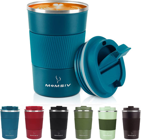 MOMSIV 12oz Travel Mug, Insulated Coffee Cup with Leakproof Lid, Travel Coffee Mug Vacuum Stainless Steel Double Walled Reusable Coffee Cup for Hot and Cold Water Coffee(Blue - 380ml)