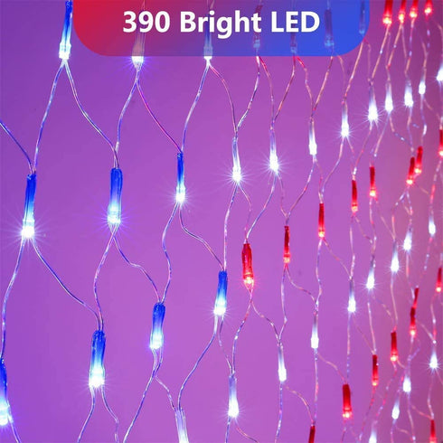 American Flag Lights, 6.56ft x 3.28ft Red White Blue Led Flag Lights, 390 LED Flag Net Lights with 8 Modes for Independence Day, Memorial Day, Christmas Day, Festival Decorations
