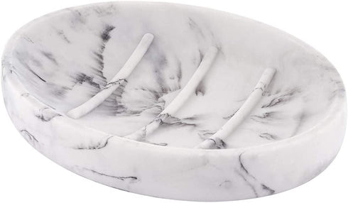 YININE Soap Dish, Marble Look Bar Soap Holder Oval Soap Sponge Tray Soap Case Box Saver for Bathroom Shower Kitchen Sink- White Marble Look
