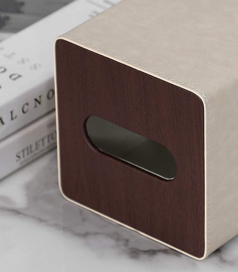 Tissue Box Cover Stylish PU Leather Square Tissue Box Holder with Magnetic Bottom for Bathroom Bedroom or Office (Beige/Brown)