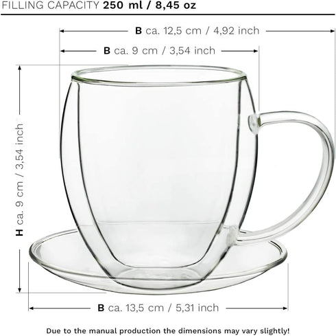 Creano Double Wall Glass Mugs 9 OZ with Handle and Saucer, Insulated Cup - 2X 9oz (250ml)