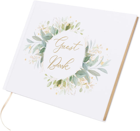Avamie Wedding Guest Book, 120 Lined Pages Guest Sign-in Book Guest Registry Guestbook Planner, White Cover With Gold Foil and Greenery Design, Gold Gilded Edges and Gold Ribbon, 7x9 inches, Hardbound