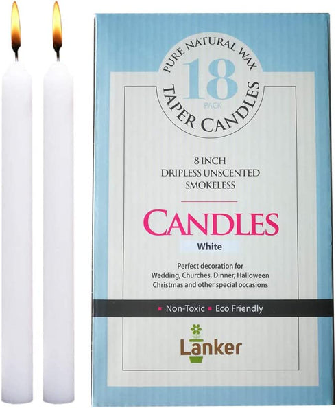 LANKER 18 Pack Taper Candles 8 Inch Dripless Unscented Smokeless Candles 6.5 Hours Burning Time - Decoration for Wedding, Churches, Dinner, Halloween and Christmas (White)