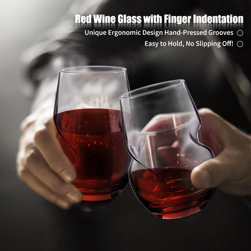Stemless Wine Glasses Set of 2 | 12 Oz Wine Glass with Finger Indentations | Wine Cups Thumb Notch for Beverage, Cocktail, Milk, Red White Wine in Pool,Beach Party | Hand Blown Crystal