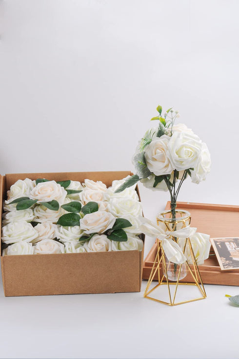 GeeSoft Valentine's Day Artificial Flowers Fake Roses 50 PCS w/Stem Rose Heads for Bouquets for Wedding Decorations Centerpieces Arrangements Party Home Decor (Cream White+Champagne, 50pcs)