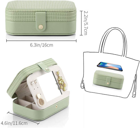 Vlando Travel Jewelry Case Box Women PU Leather 2 Layer Jewelry Organizer Holder for Necklace Earring Rings-Green