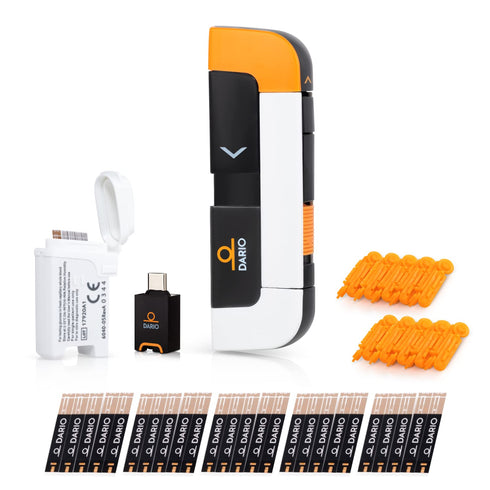 DARIO Blood Glucose Monitor Kit | Test Blood Sugar Levels & Manage Diabetes, Testing Kit Includes: Glucometer with 25 Strips, 10 Sterile lancets (Android USB-C)