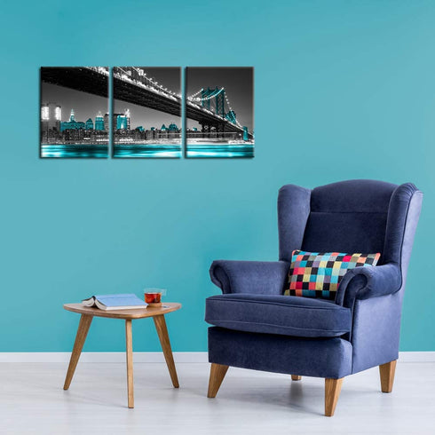 iKNOW FOTO 3 Panel Modern Black White and Blue New York City Wall Art Manhattan Skyline Bridge at Night Pictures on Canvas Print Painting Home Decoration Framed Art Work for Living Room 12x16inchx3pcs