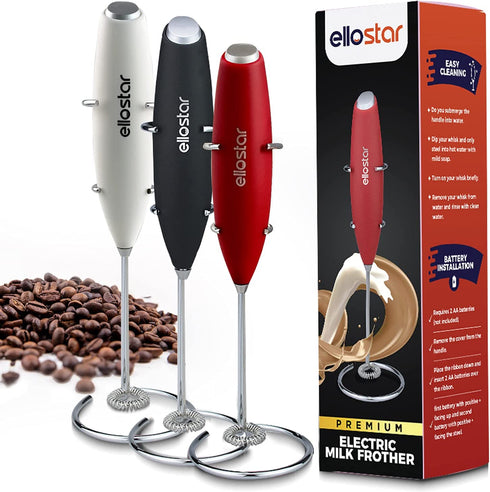 ellostar Milk Frother Handheld Electric Battery Operated Foam Maker For Coffee, Latte, Cappuccino, Frappe, Matcha, Hot Chocolate, Drink Mixer With Stainless Steel Whisk, Stand Included (Red)