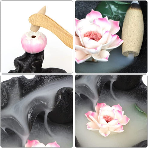 prosfalt Ceramics Waterfall Backflow Incense Holder Burner,Incense Seat with 50 Backflow Incense Cones+35 Incense Sticks Aromatherapy Home Decor Can Anxiety Relief Pressure -Black
