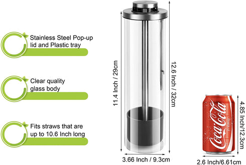 YUPHOO Glass Straw Dispenser 10.6 Inch Drinking Straw Holder Pop Up Straw Lid Organizer for Long Straws, Jumbo Straws, Bendy Straws, Chopsticks(Glass/27cm)