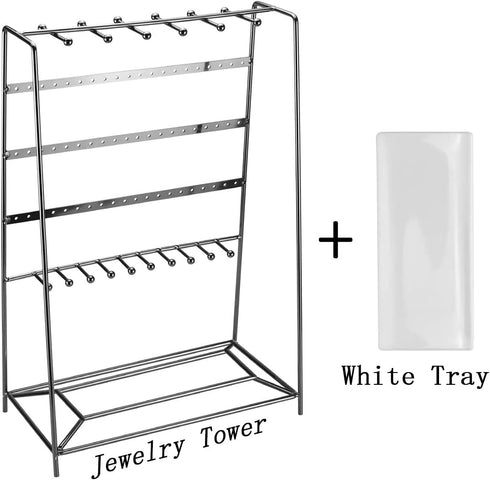 MORIGEM Jewelry Organizer, 5 Tier Jewelry Stand, Decorative Jewelry Holder Display with White Tray for Necklaces, Bracelets, Earrings & Rings, Dark Gray