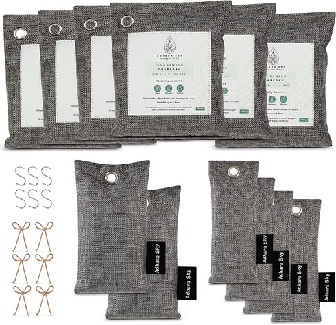 Adhara Sky 12 Pack Bamboo Charcoal Air Purifying Bag, Activated charcoal Bags Odor Absorber, Odor Eliminator for Home, Car, Office, Closet & House Deodorizer (6X200g,2X100g,4X50g,6 Hooks & Strings)