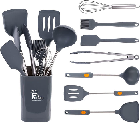 EooCoo Silicone Cooking Utensils Set with Holder, 8Pcs Kitchen Must Haves Stainless Steel Handle Cooking Tools, Kitchen Cookware 446°F Heat-Resistant for Nonstick Cookware Set, Gray