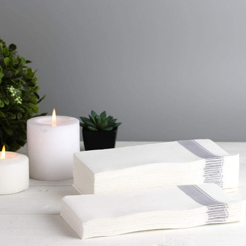 PARTY BARGAINS Disposable Linen-feel Paper Guest Towels - (100 Pack) 13" x 16" White w/Silver Print Cloth-like Paper Hand Towels for Bathroom, Soft, Durable Paper Napkins for Dinner, Wedding & Party