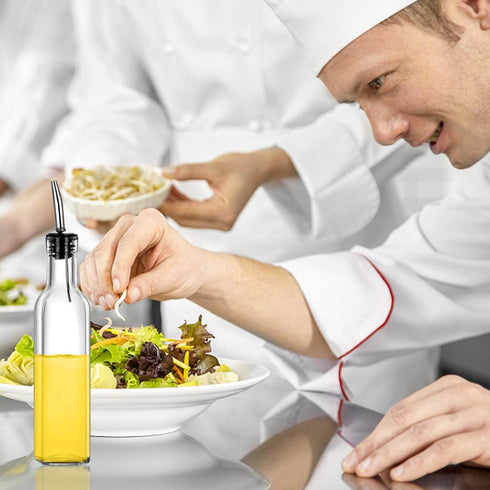 Gusnilo Olive Oil Dispenser, Oil Vinegar Cruet, Square Tall Glass Bottle W/Stainless Steel Pourer Spout SET OF 2-8 Oz(Ounce)