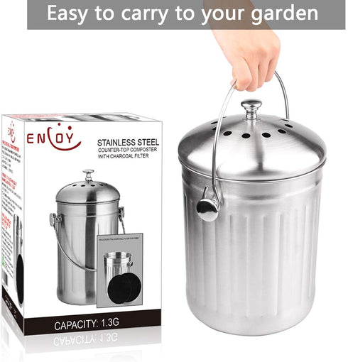 ENLOY Compost Bin, Stainless Steel Indoor Compost Bucket for Kitchen Countertop Odorless Compost Pail for Kitchen Food Waste with Carrying Handle 1.3 Gallon Easy to Clean