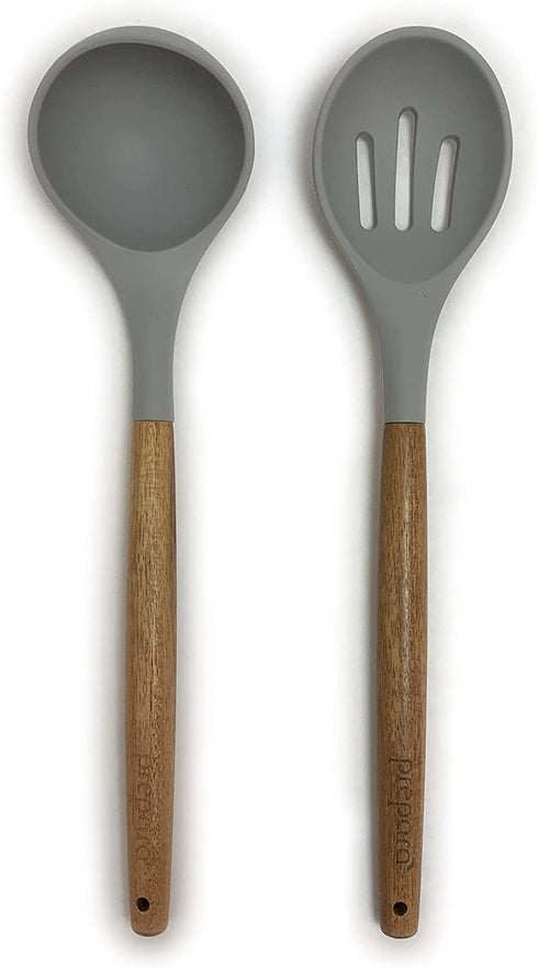 Prepara Acacia and Silicone Soup Ladle and Slotted Spoon Set Cooking Utensils, set of 2, Pewter Grey