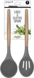 Prepara Acacia and Silicone Soup Ladle and Slotted Spoon Set Cooking Utensils, set of 2, Pewter Grey
