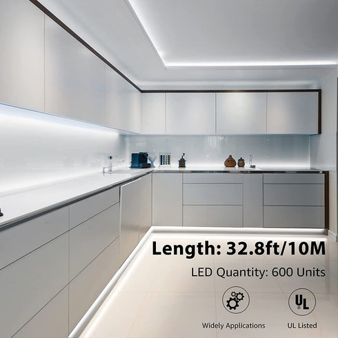 Olafus White LED Strip Lights, 32.8ft Dimmable Vanity Lights, 6000K Daylight 12v LED Light Strip, 10m Cuttable Tape Lights, Ambient Lighting Tape for Bedroom TV Cabinet Stair Mirror(600 LEDs 2835)