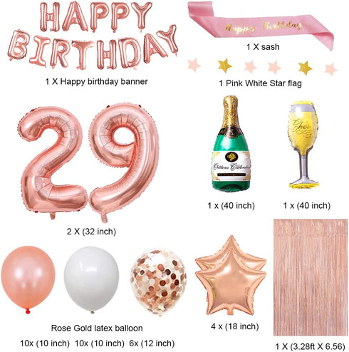 Fancypartyshop 29th Birthday Decorations - Rose Gold Happy Birthday Banner and Sash with Number 29 Balloons Latex Confetti balloons Ideal for Girl and Women 29 Years Old Birthday Rose Gold