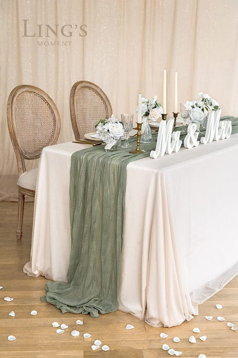 Ling's moment 10Ft x 35" Wide Smoke Green Gauze Semi-Sheer Table Runner Cheesecloth Tablecloth for Wedding Reception Bridal Shower Birthday Party Table Centerpieces Boho Wedding Decor