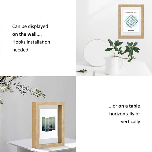 MUYE 5x7 Floating Frame Set of 2,Double Glass Rustic Photo Frame for Wall Hanging or Tabletop Standing,Also Display 4x6 or 3x5 Photo for Floating Effect,Natural Wood